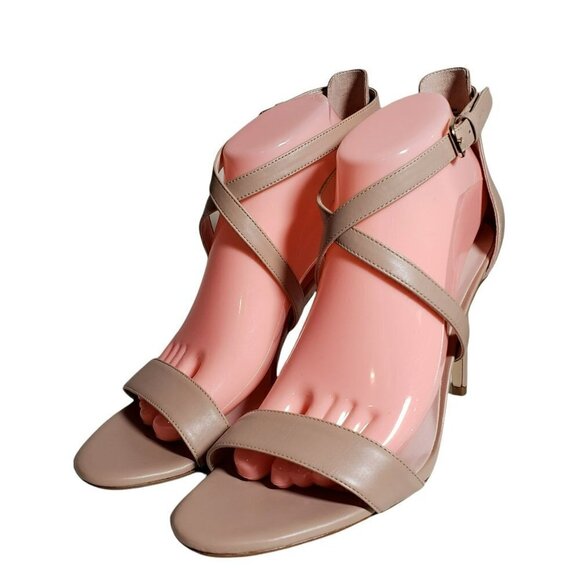 Nine West Taupe Leather Open Toe Strappy Buckle High Heels Sandals Size 9.5 M - Picture 3 of 11